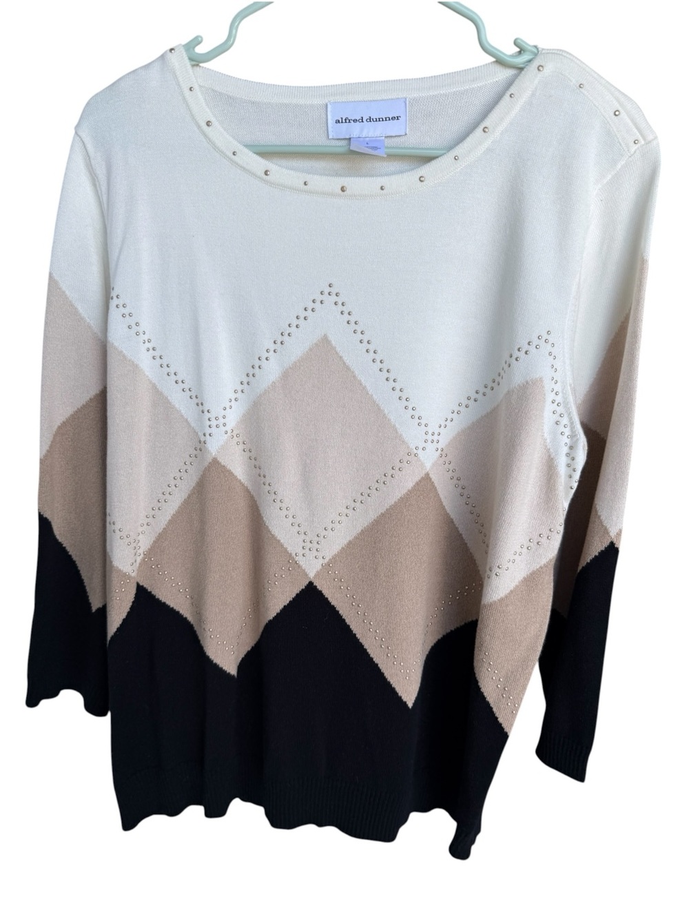 ALFRED DUNNER NWT SEVILLE 2026 ARGYLE PRINT BEADED TRIMFLAT KNIT SWEATER, SIZE L